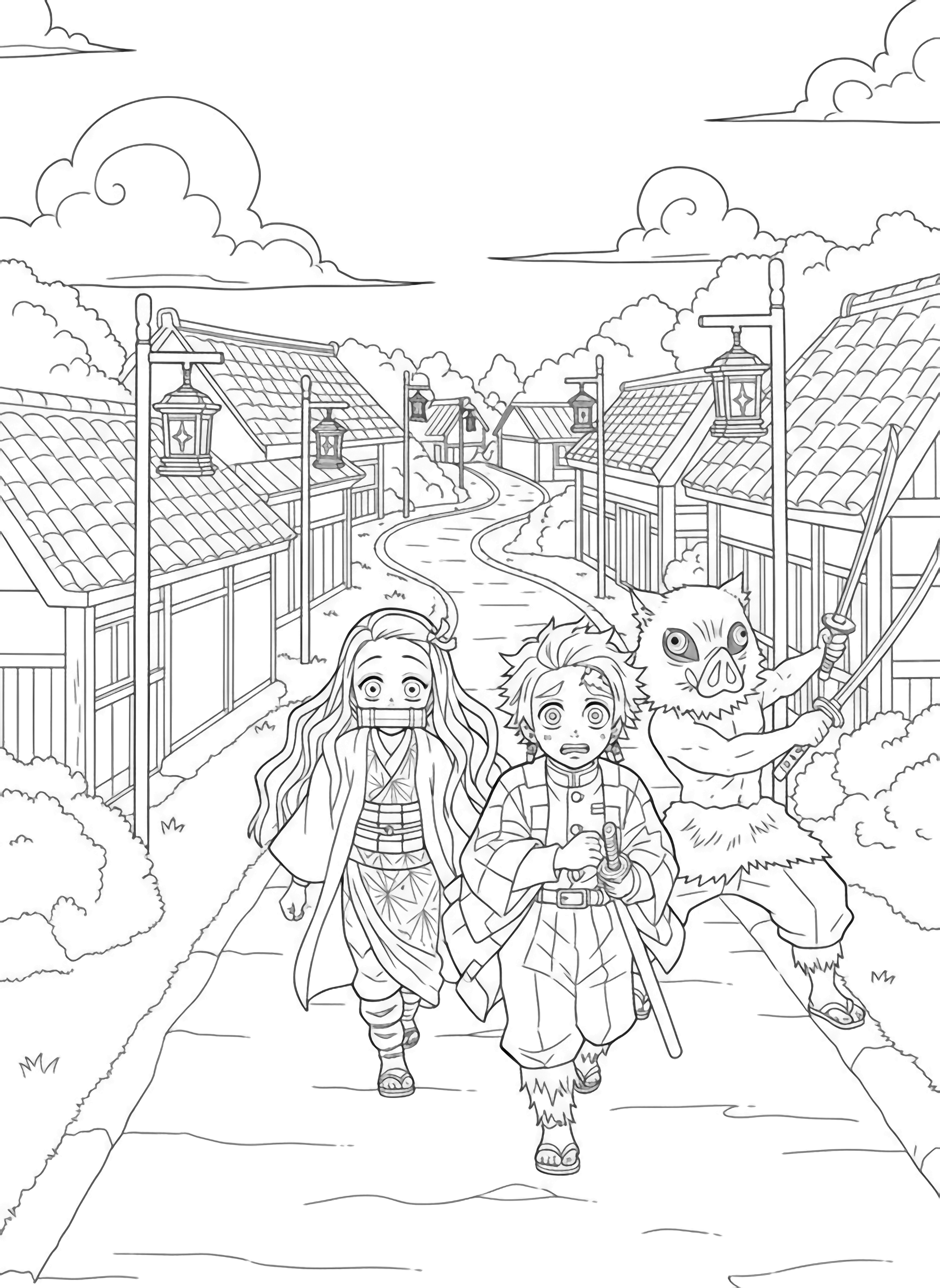Tanjiro leads smiling Nezuko, nervous Zenitsu and boar-headed Inosuke along a winding village path, flanked by simple houses, lantern poles and rolling clouds. kleurplaat