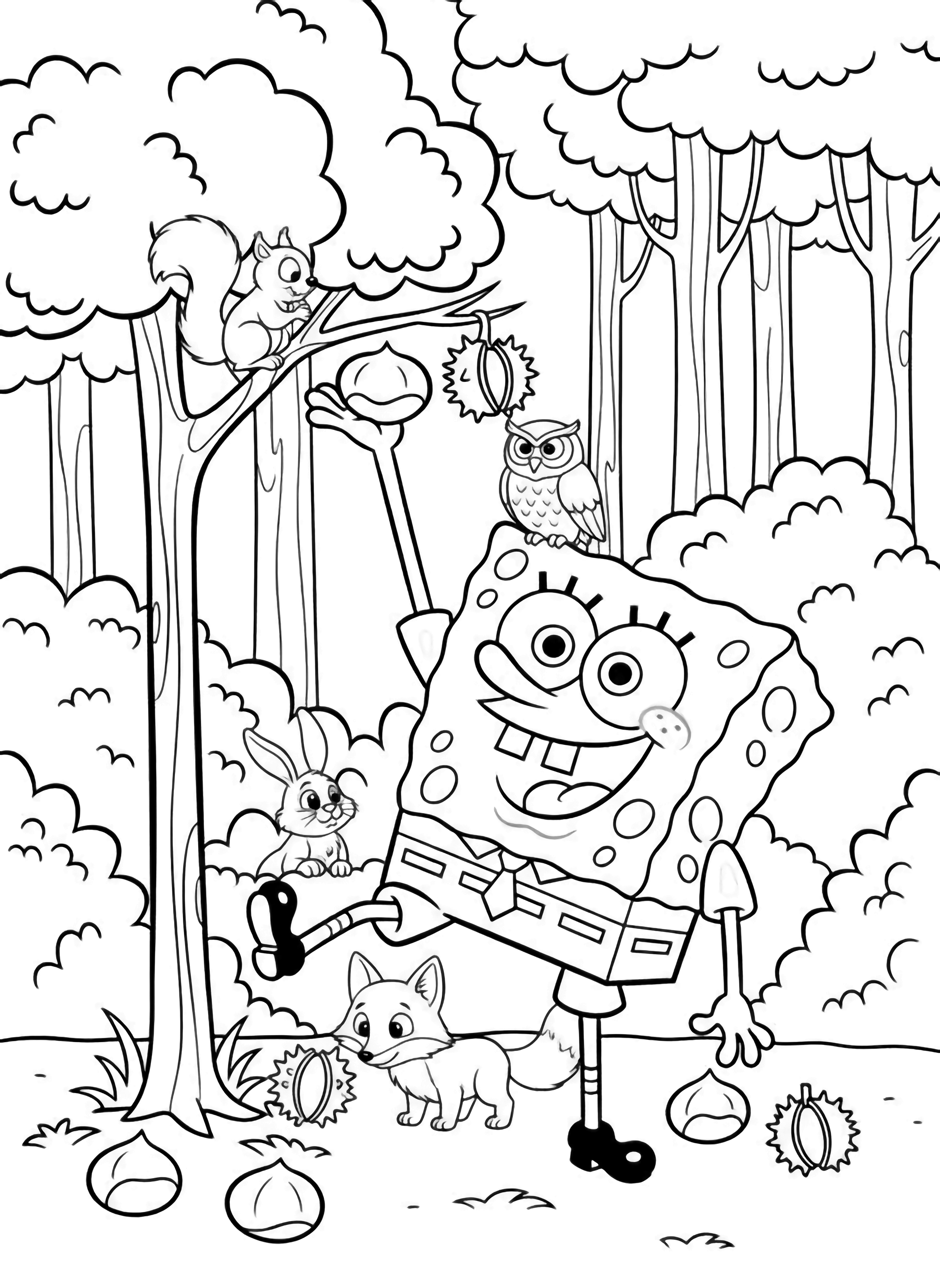 SpongeBob on tiptoe plucks chestnuts from a low branch in a slim-trunk forest dotted with round bushes and scattered chestnuts, while woodland creatures watch. kleurplaat