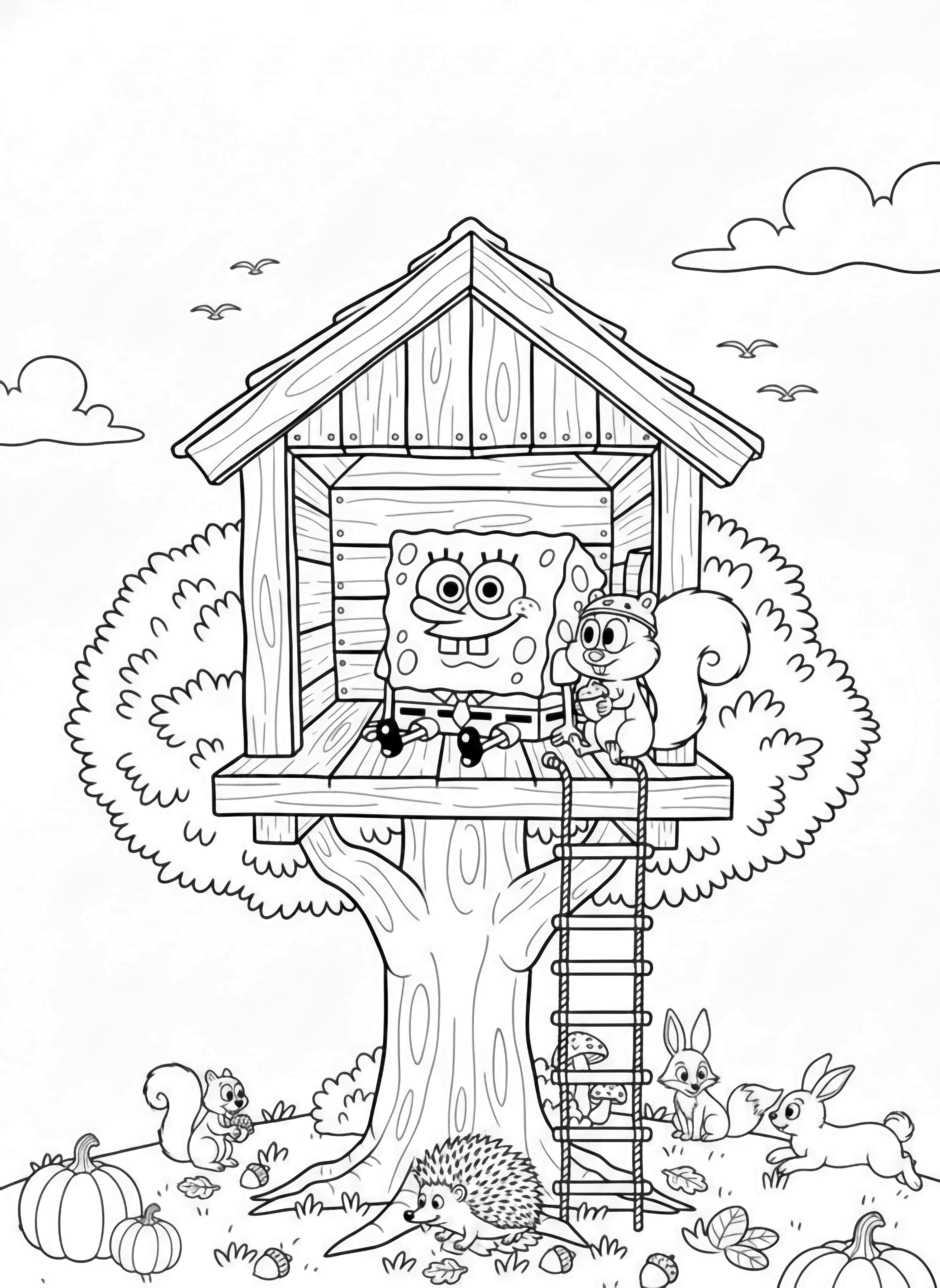 SpongeBob sits cross-legged in a treehouse; a jellyfish flag waves above and a rope ladder hangs down while autumn animals gather on the ground below. kleurplaat