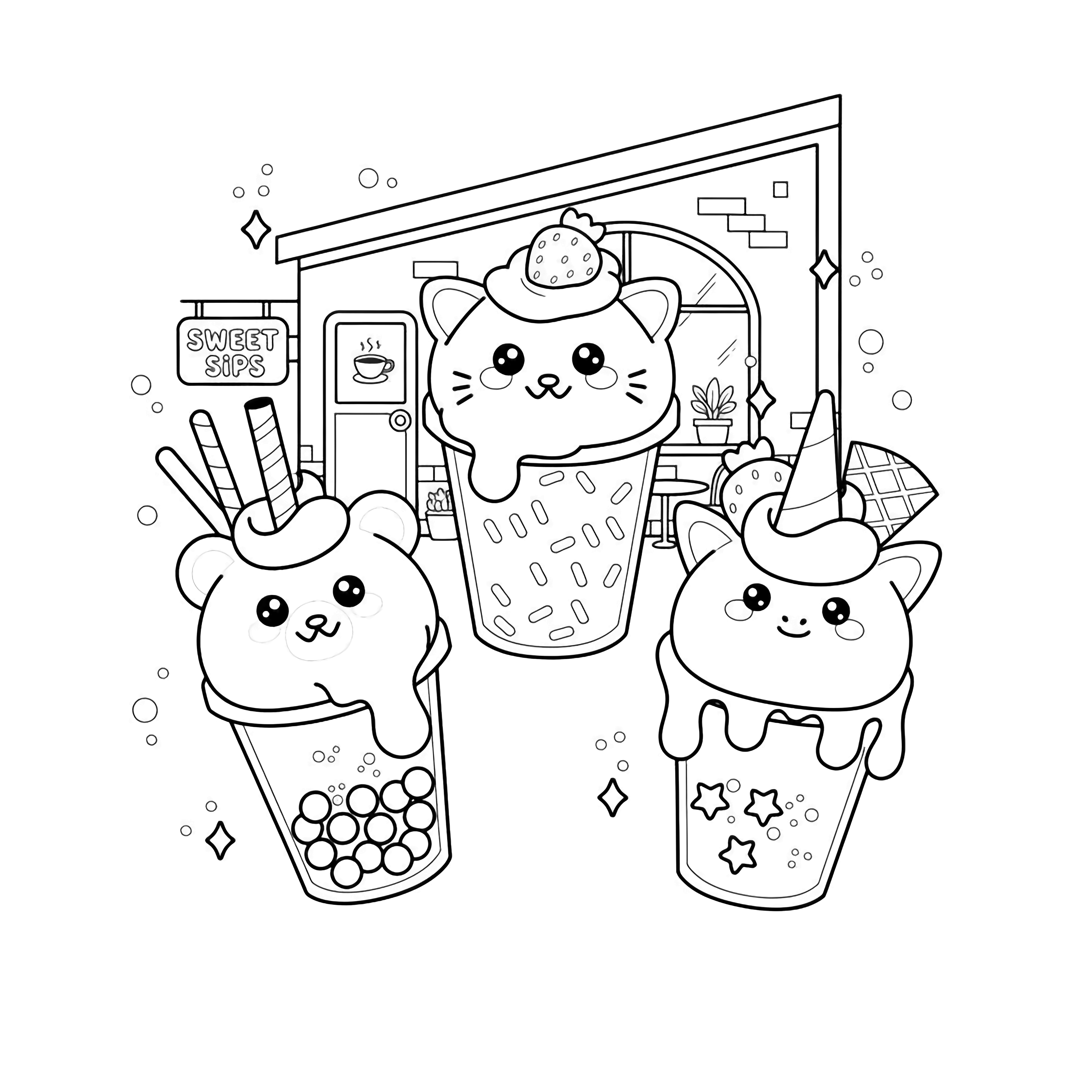Three kawaii dessert cups-bear boba tea, cat milkshake with strawberry, unicorn treat-stand in a cute caf. kleurplaat