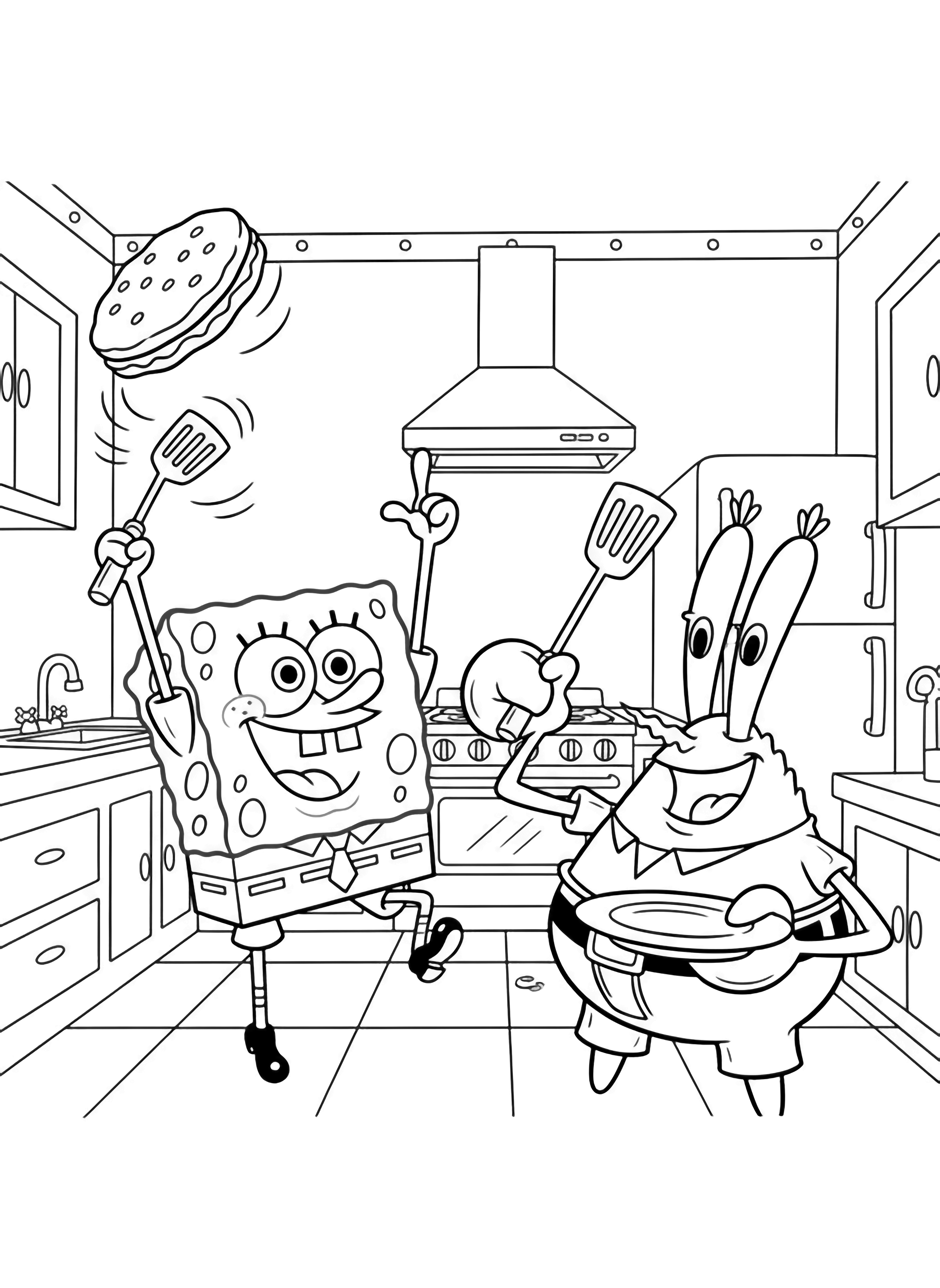 SpongeBob flips a patty mid-air while Mr. Krabs holds a spatula and empty plate in a simple kitchen framed by a square window. kleurplaat