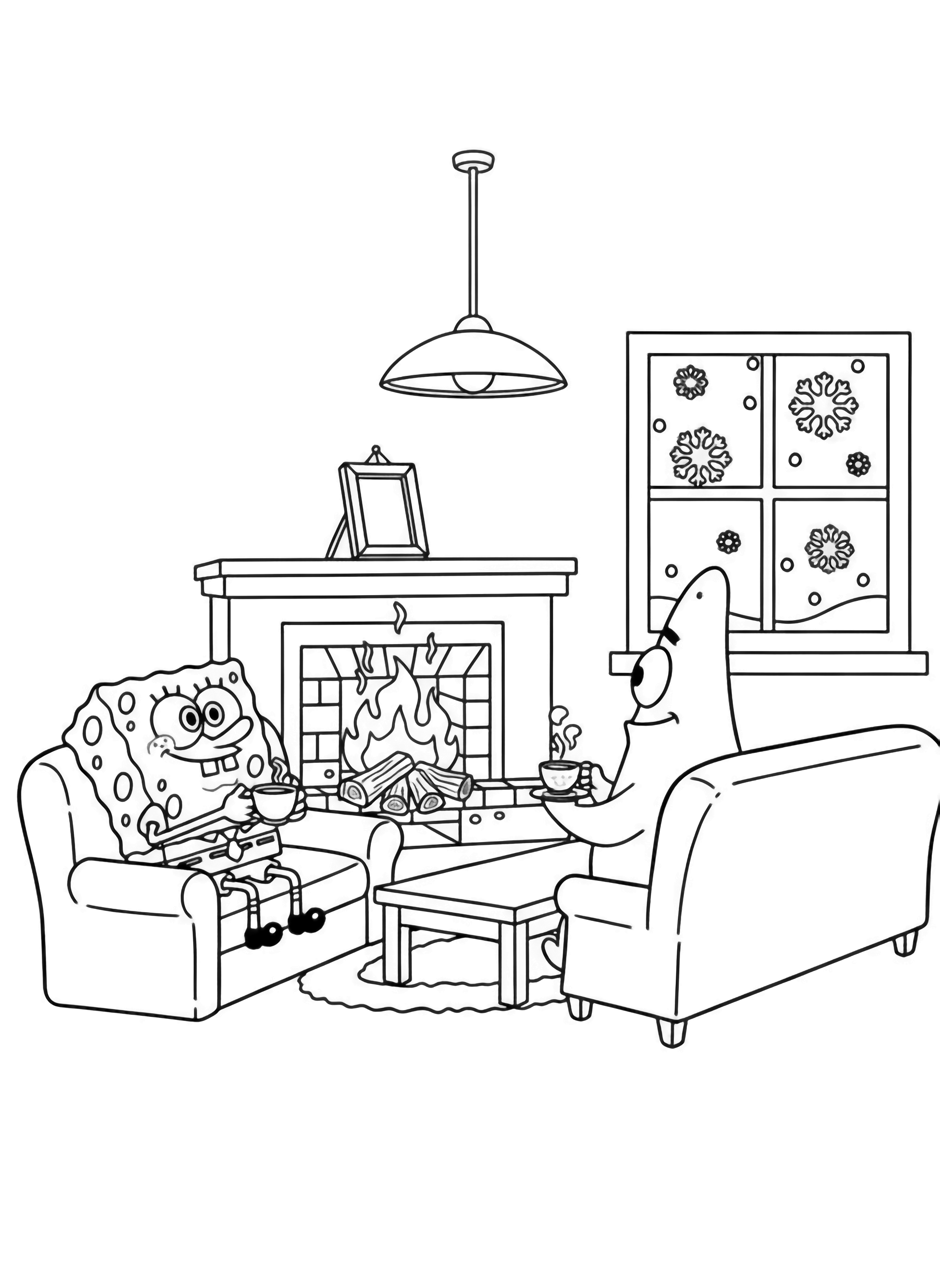 SpongeBob and Patrick sit on a couch with teacups facing a brick fireplace; a coffee table, picture frame, hanging lamp, and snowflakes outside the window complete the cozy scene. kleurplaat