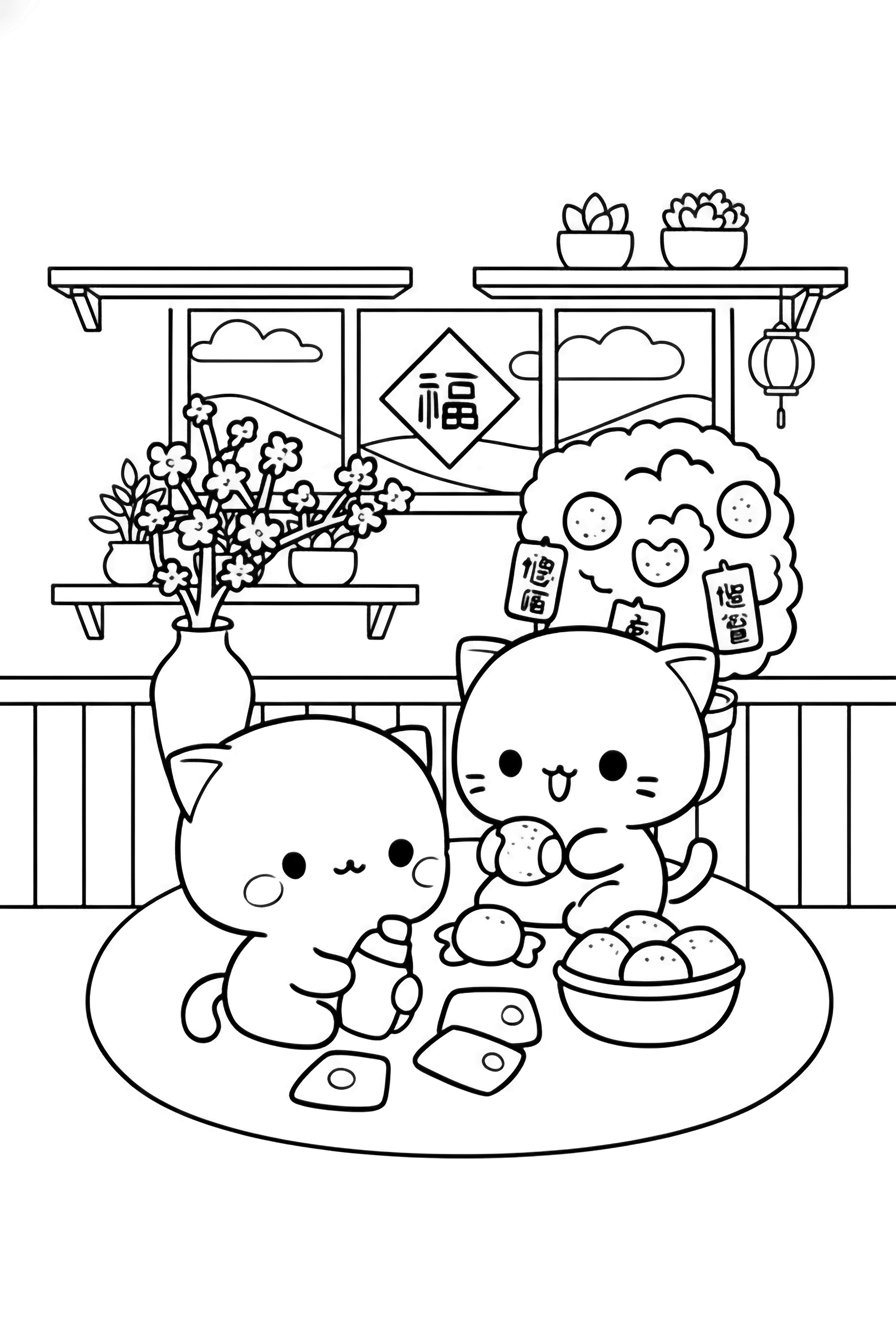 Two cute cartoon cats among red envelopes, oranges, and cherry blossoms, with snow outside and a kumquat tree behind them. kleurplaat