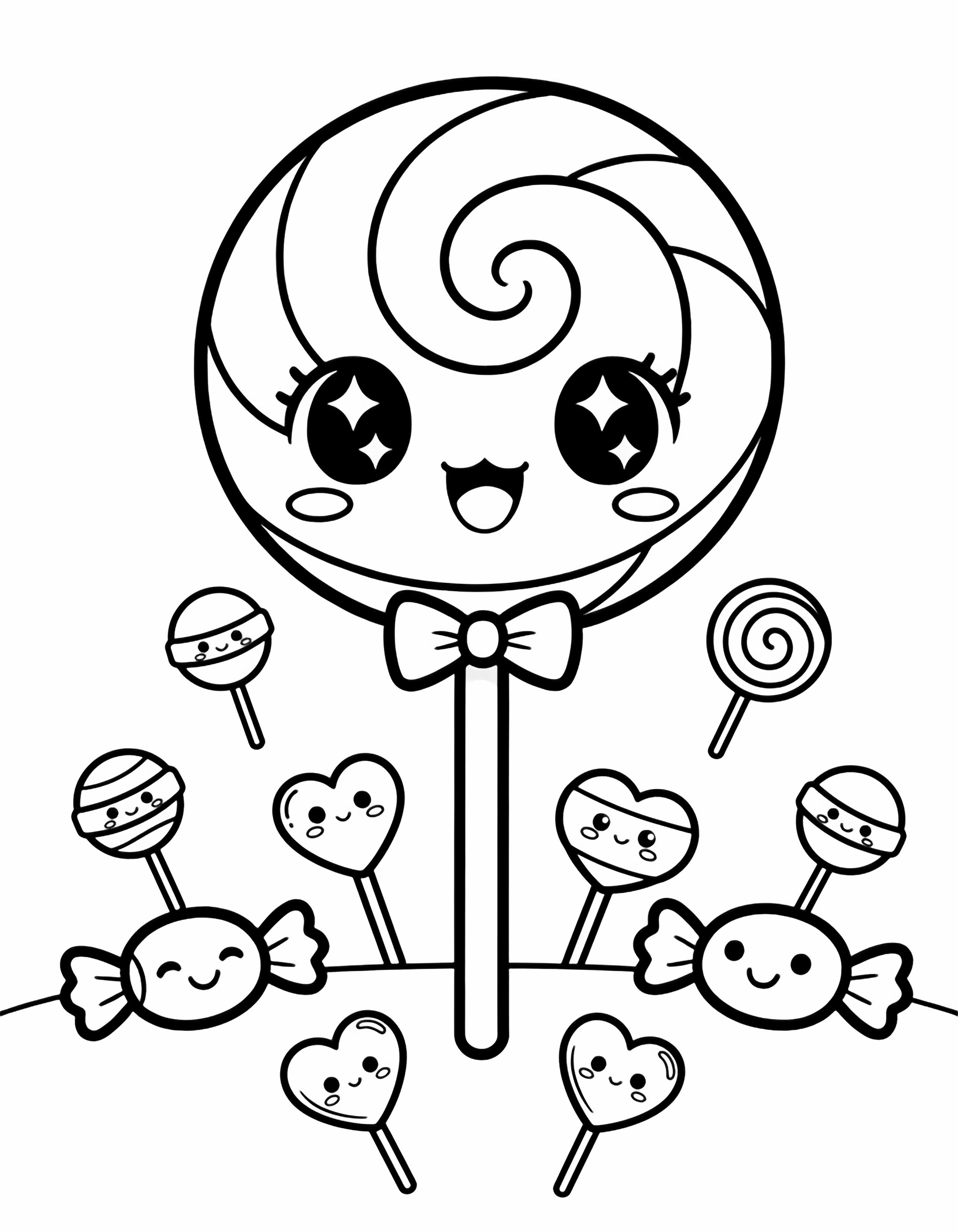 かわいいロリポップちゃん、幸せなスワirlキャンディヘッド、大きなきらめく目、小さなリボン、スティックの体で小さなハートロリポップを持ち、笑顔のキャンディ友達のそばに立っている kleurplaat