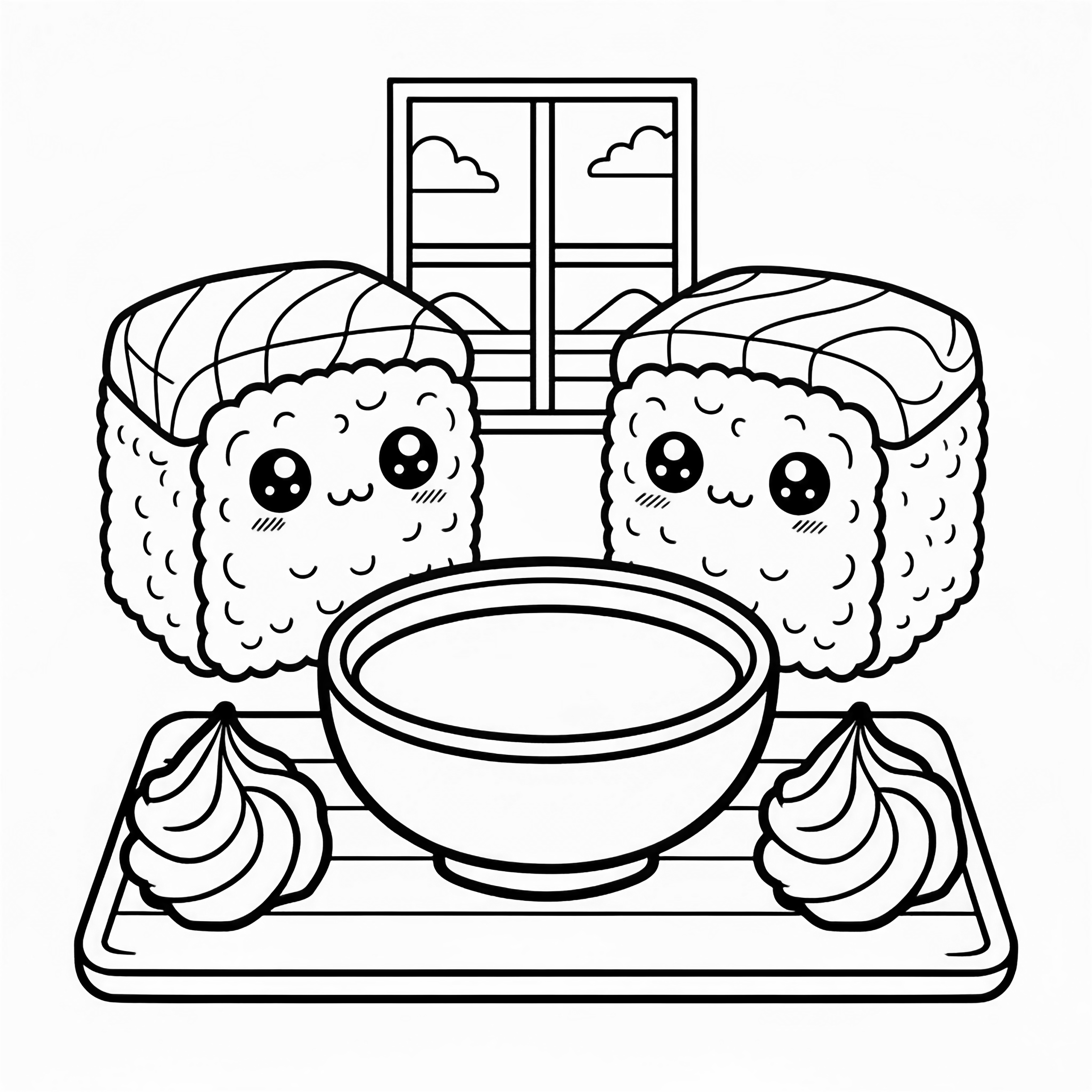 Twee lachende cartoon-sushibroodjes met expressieve gezichten, een hartje erboven en een klein schaaltje dipsaus op een serveermat. kleurplaat