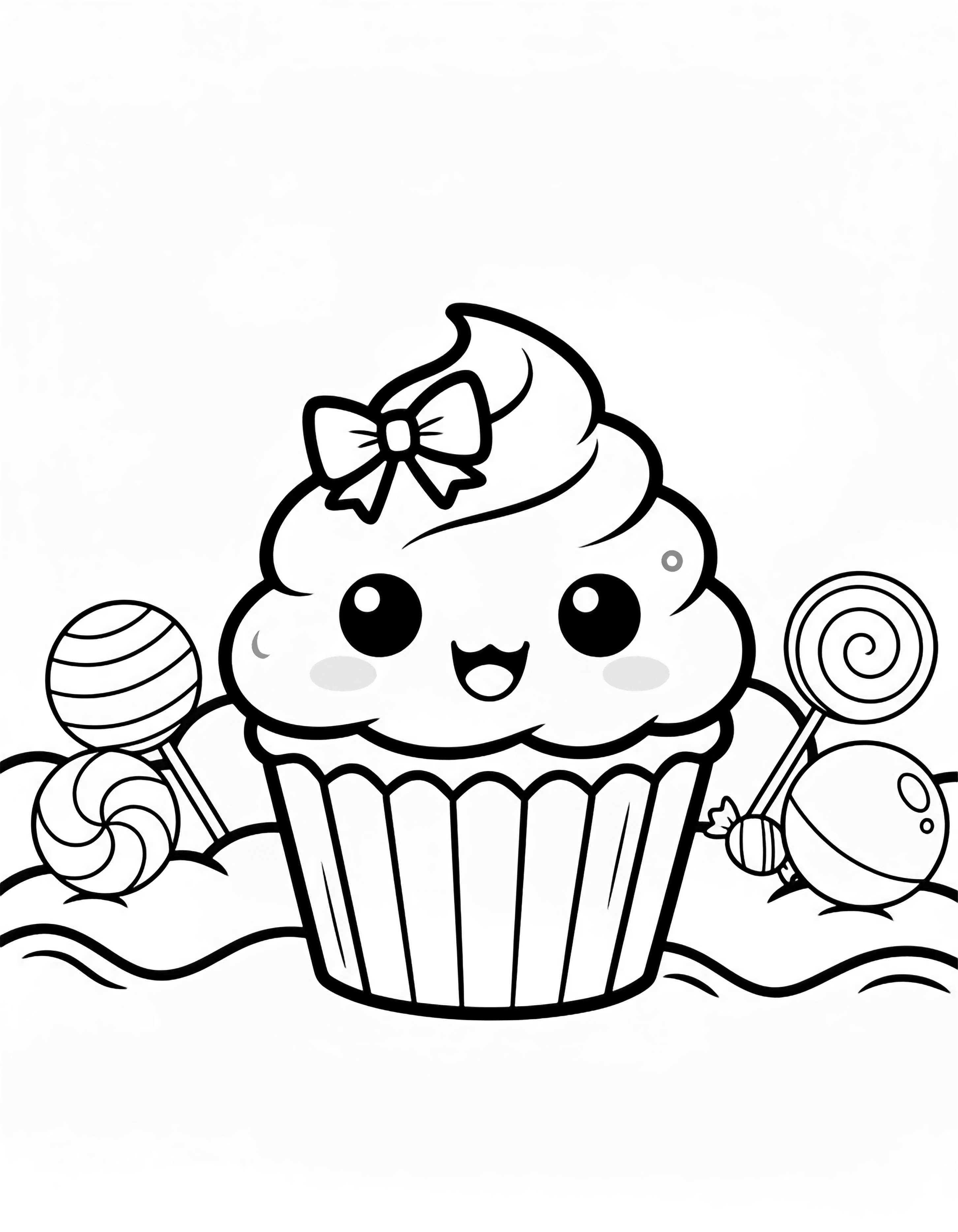 Kawaii cupcake with oversized smiling face, pleated paper cup, perky bow on frosting, rainbow and three fluffy clouds behind. kleurplaat