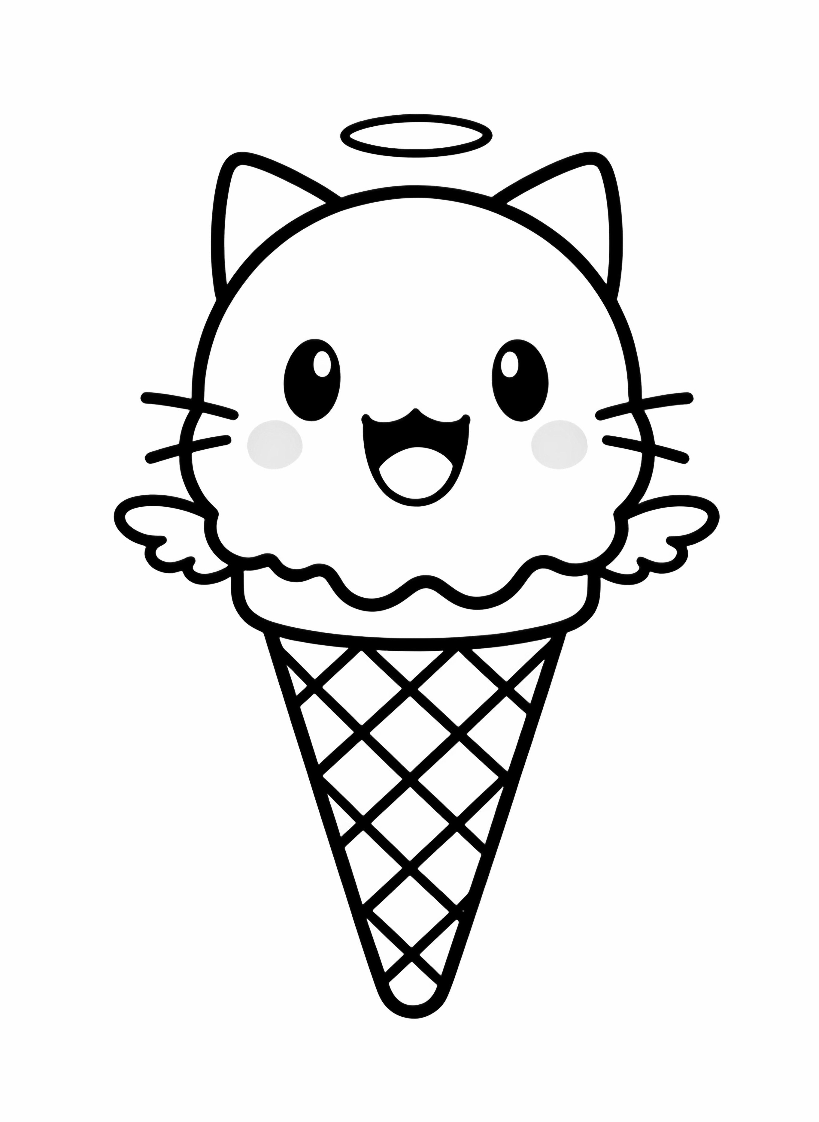 かわいいアイスクリームちゃん:猫のような笑顔をした笑っているアイスクリームのスクープ、楕円形の目、ほっぺに丸い blush、ワッフルコーン、小さな翼、キラキラしたハロー kleurplaat