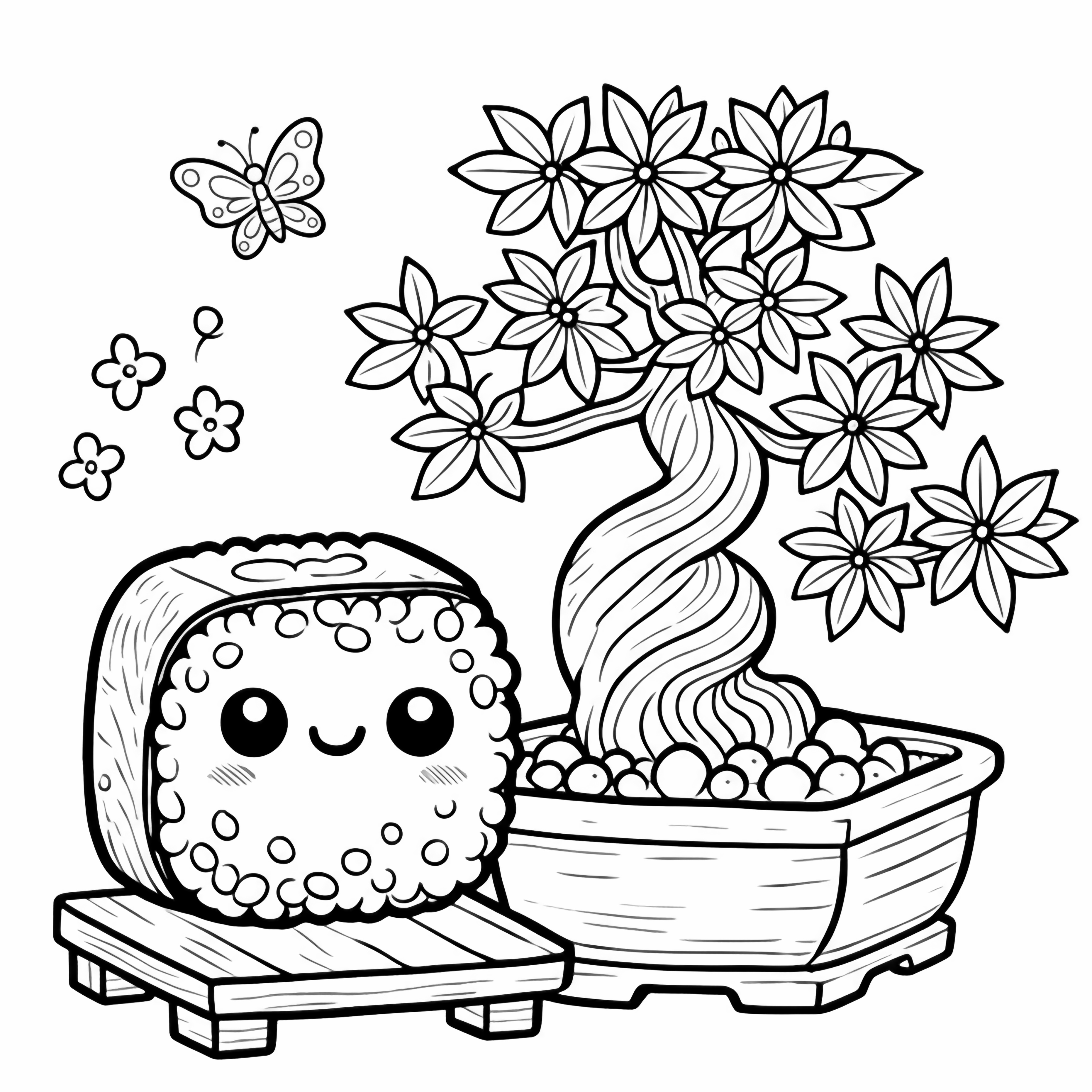 A cute, smiling sushi roll character sits on a wooden stand beside a potted bonsai tree with flowers and a small butterfly. kleurplaat
