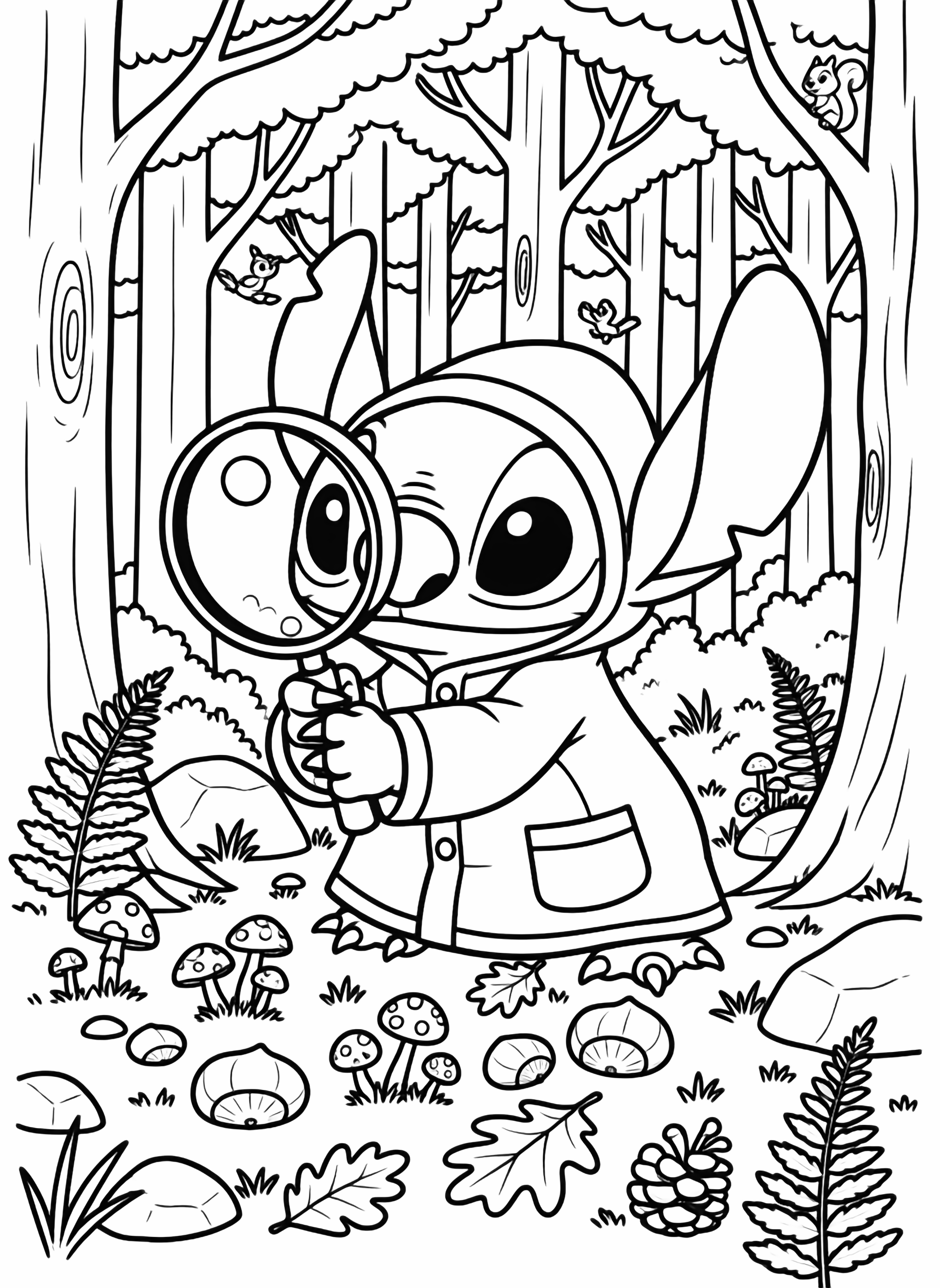 A black and white illustration of the playful Stitch crouched happily in a peaceful forest holding a large magnifying glass up to his curious eyes His fuzzy ears perk up with excitement as he searches the soft forest floor for pine cones peeking out among fallen leaves tiny mushrooms and delicate ferns Friendly woodland clean black and white line drawing minimal shading no colour no fill kleurplaat