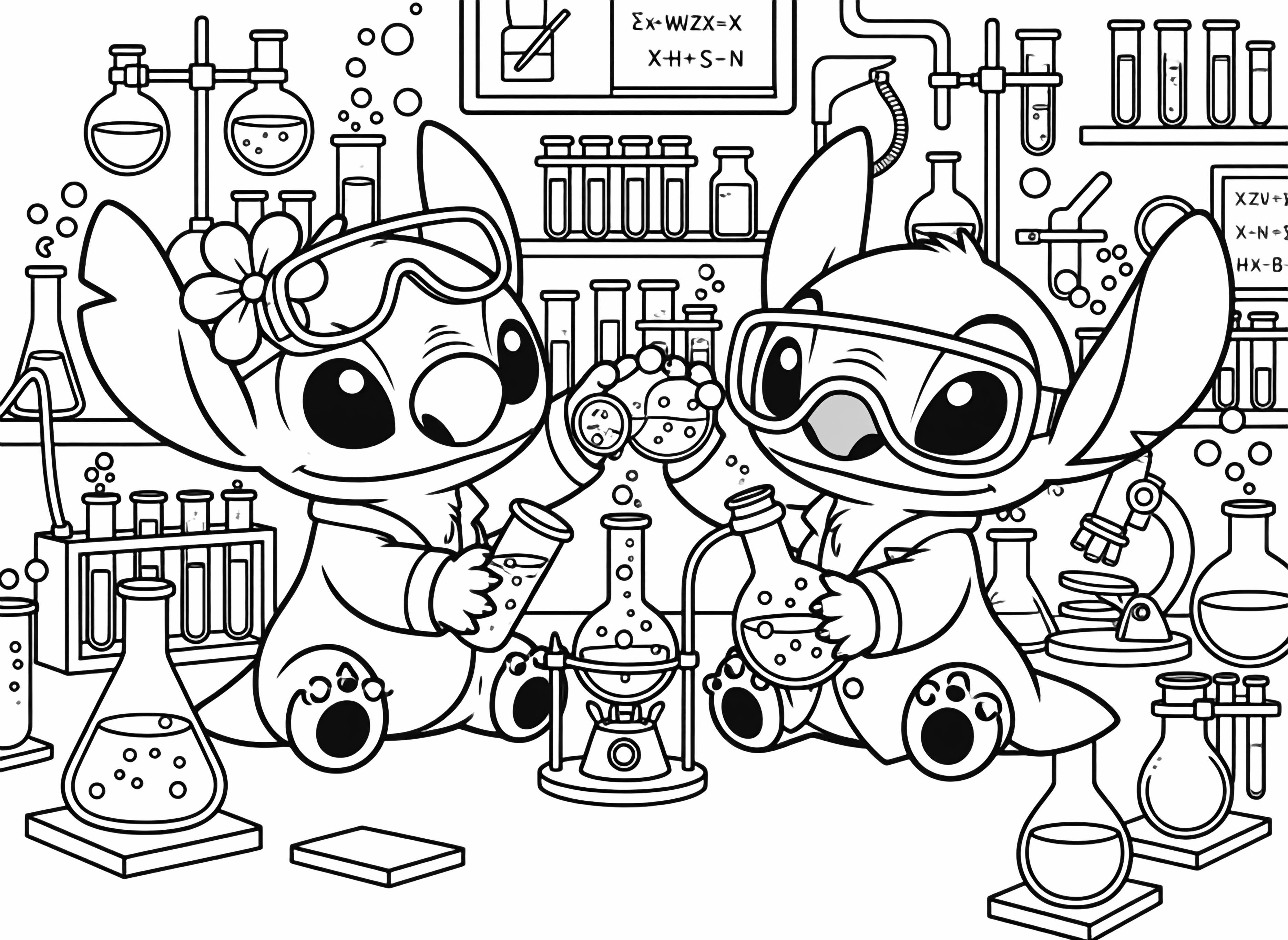 A cute cartoon illustration featuring two stylized alien characters, one pink with a flower and one blue, sitting together and holding hands, against a background of small hearts and sparkles. kleurplaat