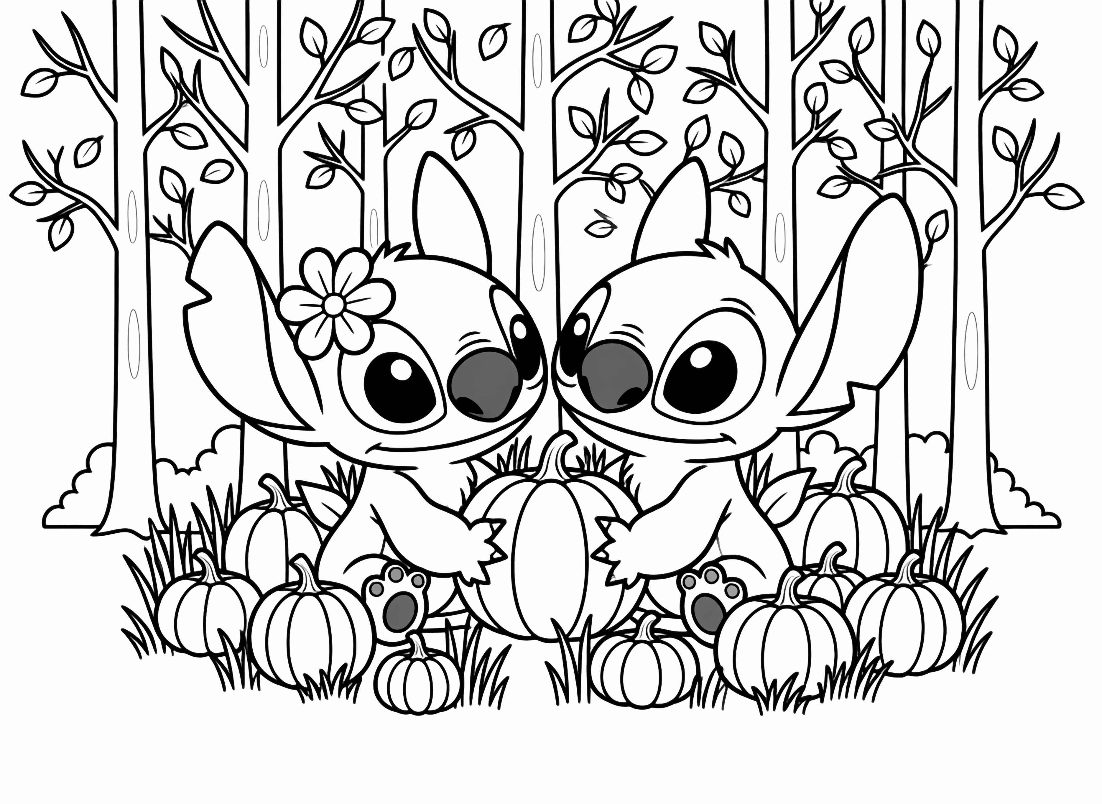 Two adorable cartoon alien creatures, one pink with a flower and one blue, sit side by side, holding hands, surrounded by small hearts and sparkles on a light background. kleurplaat