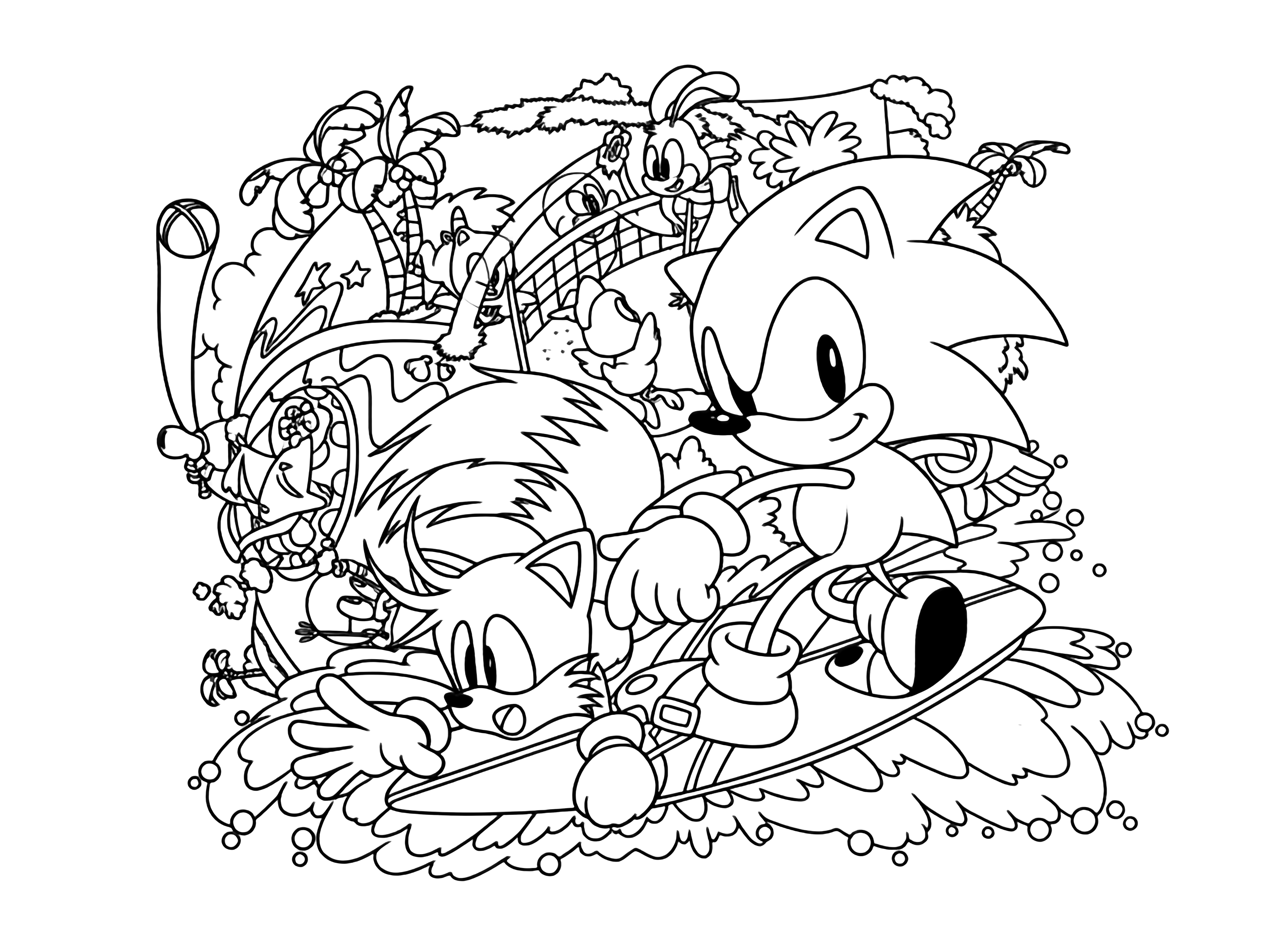 Sonic and Tails surf a wave while other cartoon characters play volleyball on a vibrant tropical beach island, in a dynamic, fun composition suitable for a page. kleurplaat