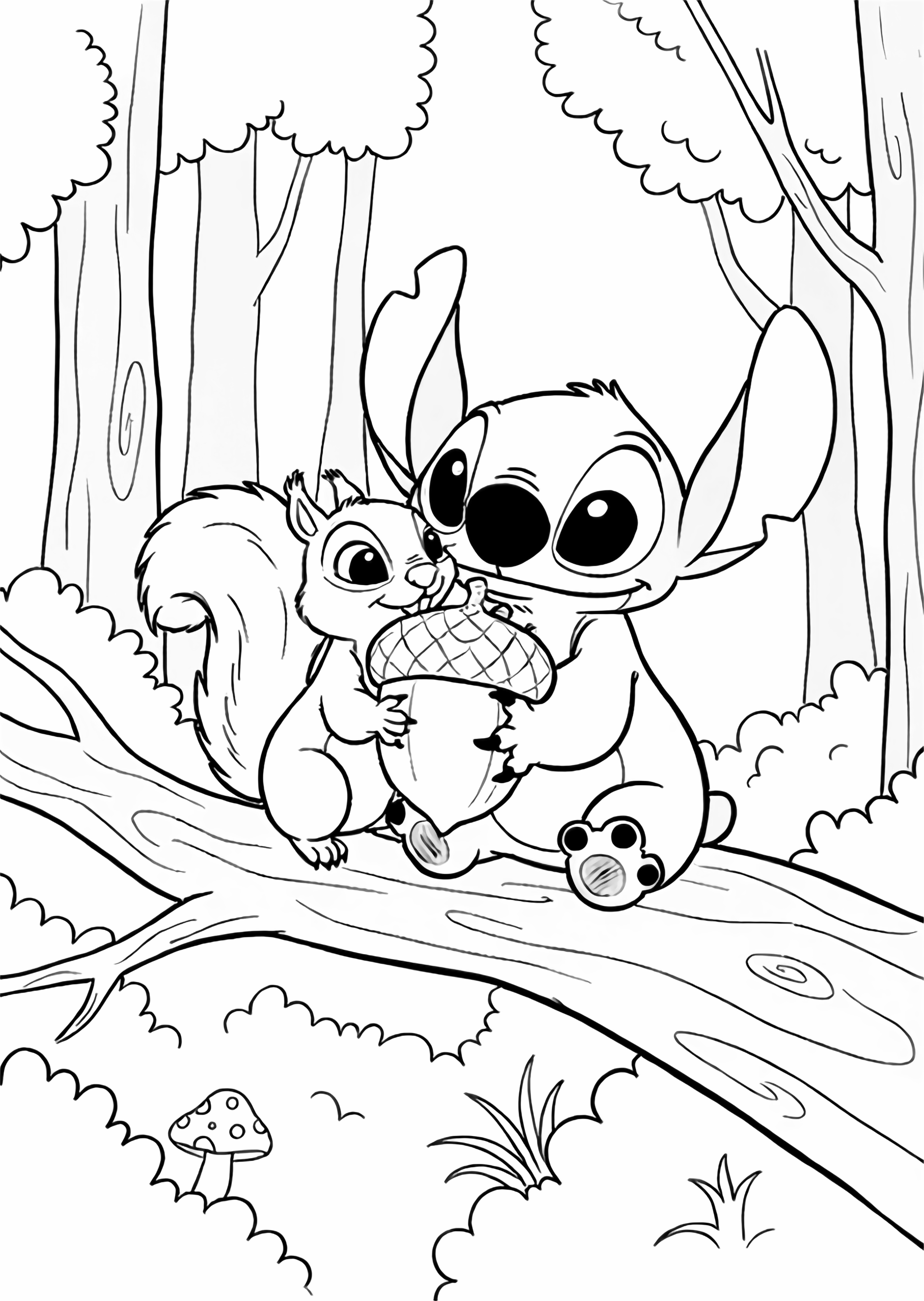 A black and white page showing Stitch happily perched on a sturdy tree branch deep in a quiet forest He is sharing a giant acorn with a fluffy tailed squirrel both characters smiling as they nuzzle the nut between them Stitch's round ears poke up among fluttering leaves while tiny claws and paws grip clean black and white line drawing minimal shading no colour no fill kleurplaat