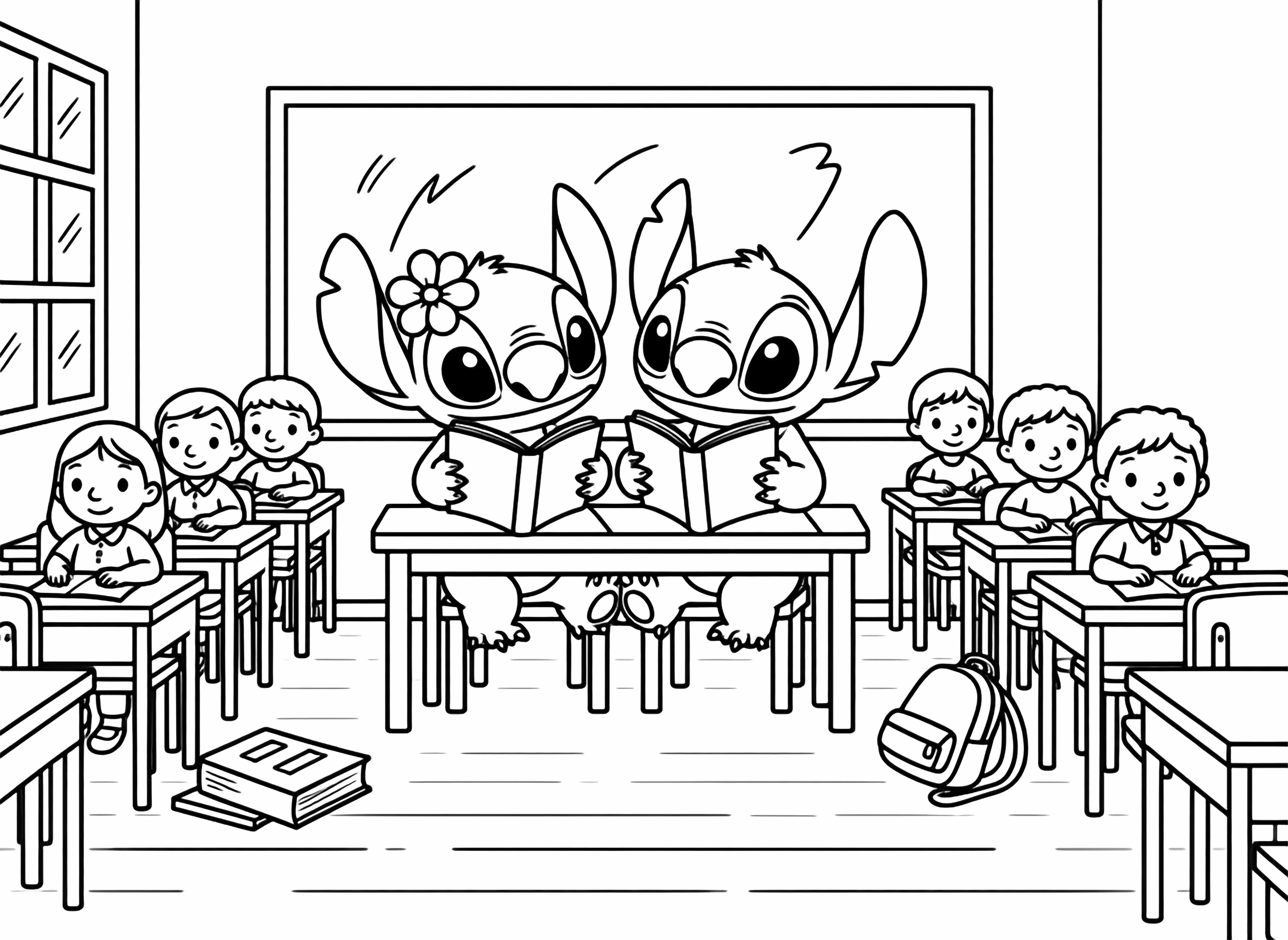A page style illustration features a pink alien like creature with a flower beside a blue alien like creature, both sitting with small hearts and sparkles around them. kleurplaat
