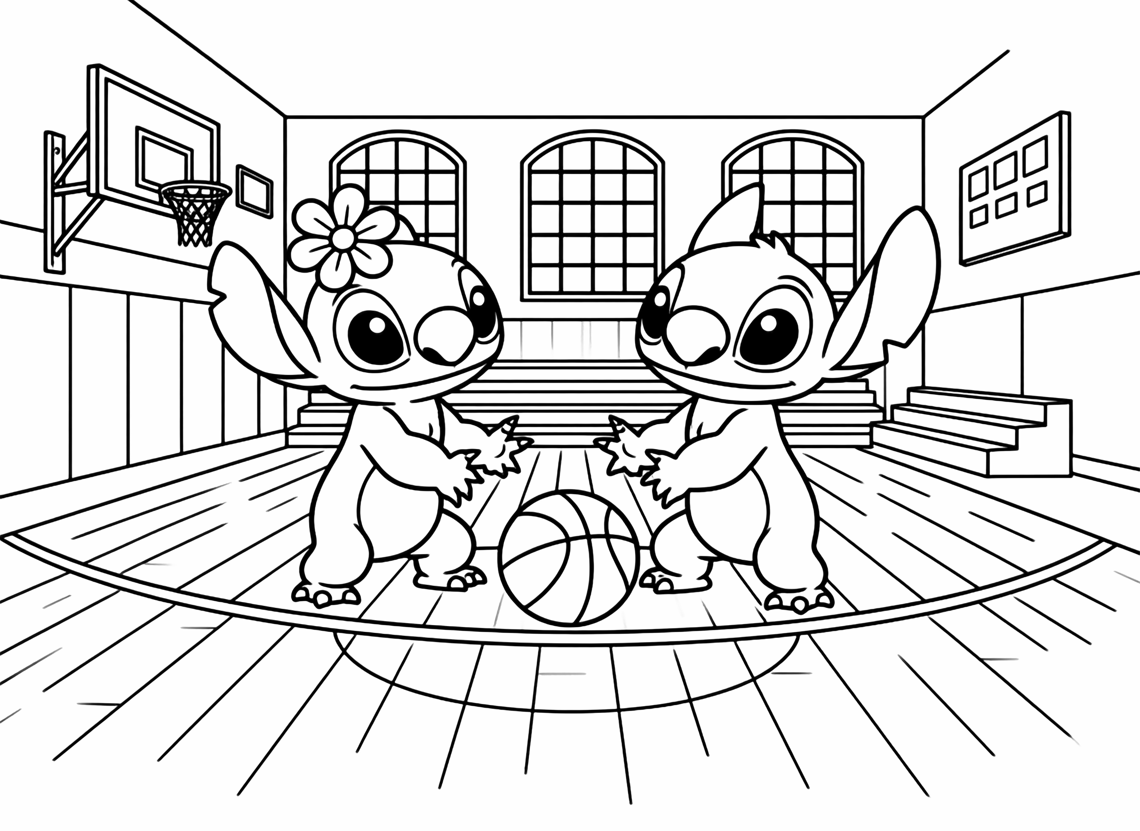 A pink female cartoon alien with a flower on her head and a blue male cartoon alien sit together, facing each other, with small hearts floating in the background, in a cute, simple style. kleurplaat
