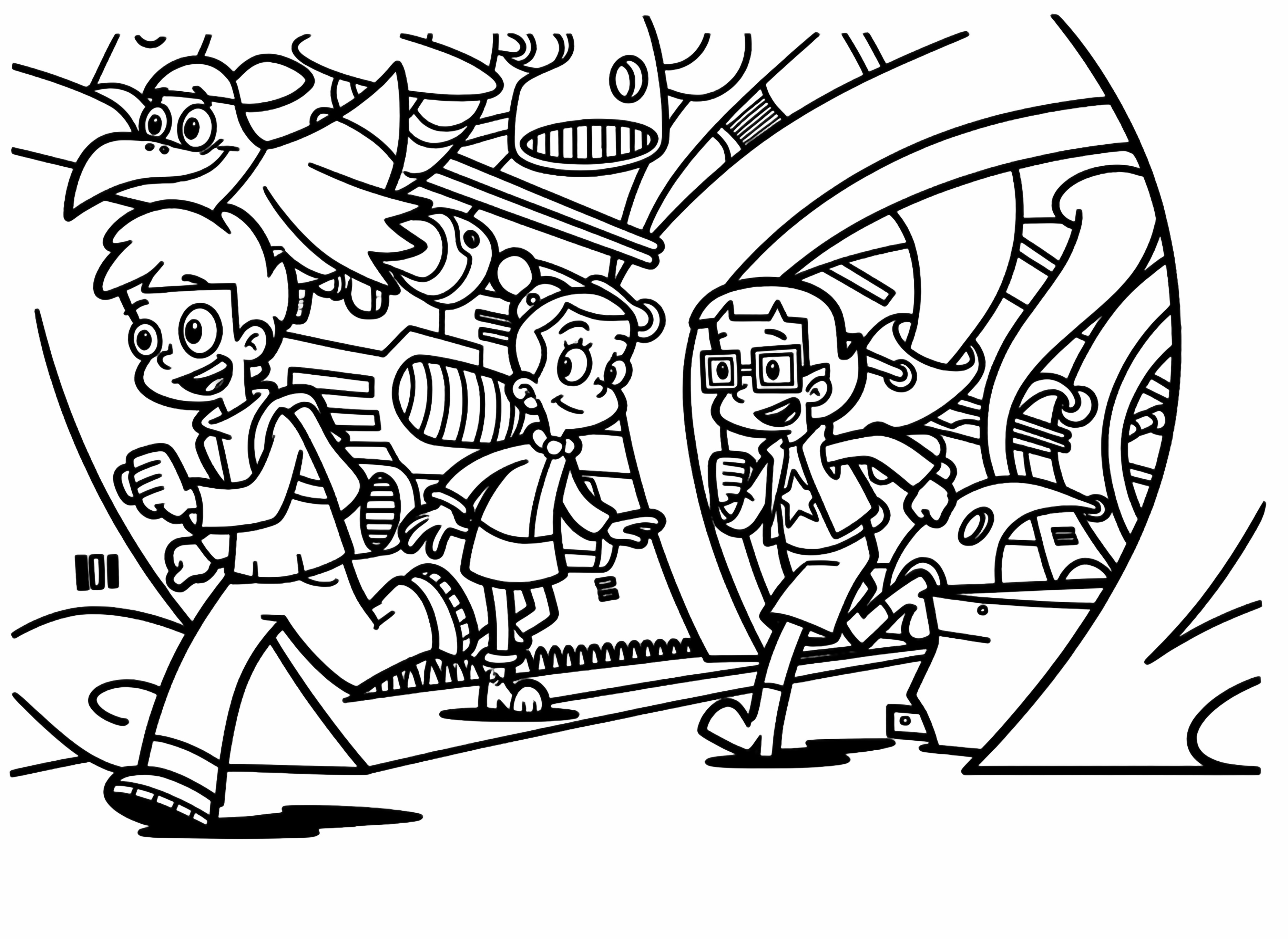 Three Cyberchase characters, Matt, Jackie, and Inez, along with Digit, are playfully running through a whimsical, brightly colored futuristic interior with organic green tubes. kleurplaat