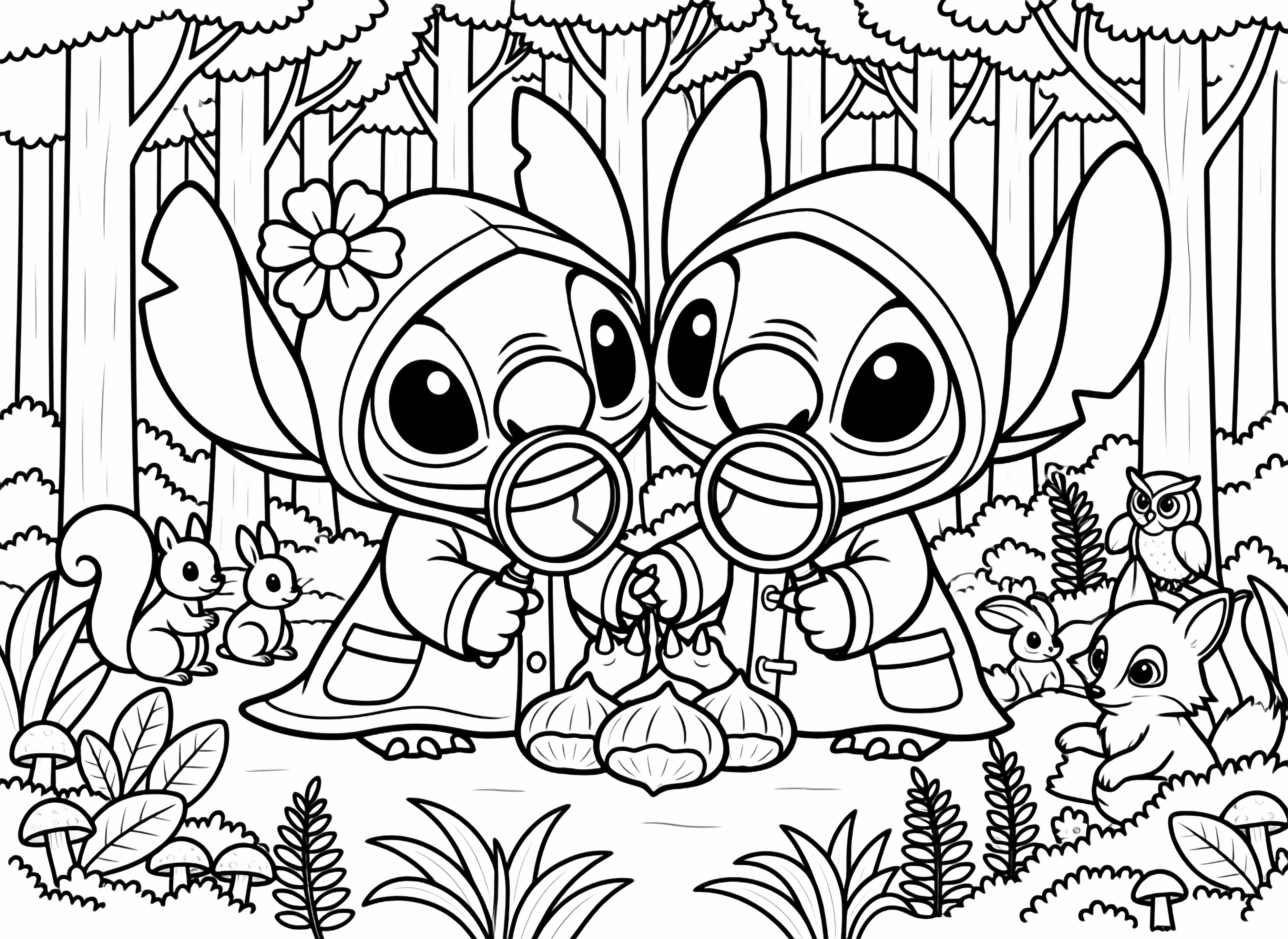 A pink alien character with a flower on its head and a blue alien character sit side by side, holding hands, surrounded by floating hearts. kleurplaat