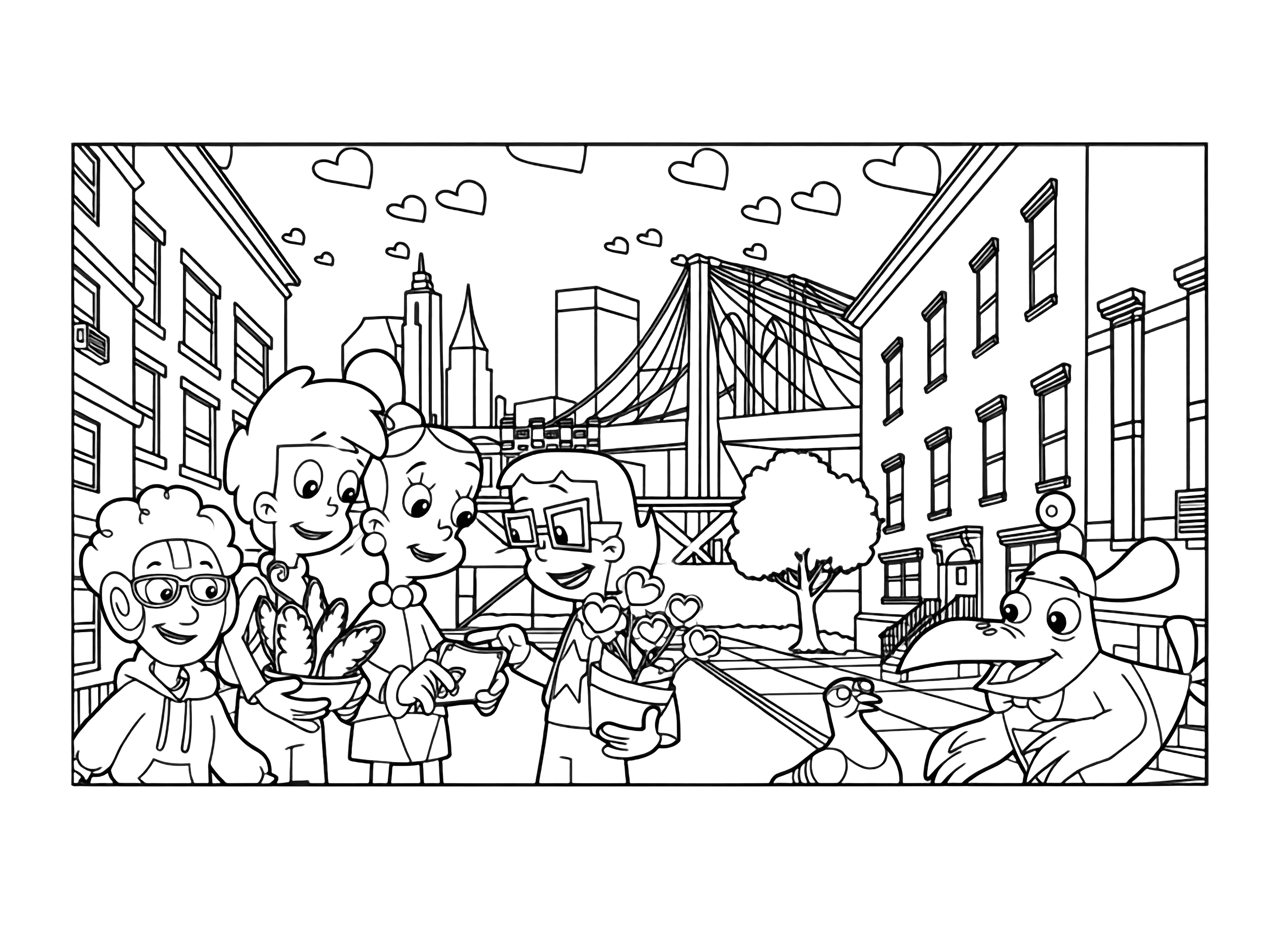 Four cartoon children and two animal characters stand on a city street, holding potted plants with hearts, with buildings and a bridge in the background under a sky filled with heart shaped clouds. kleurplaat