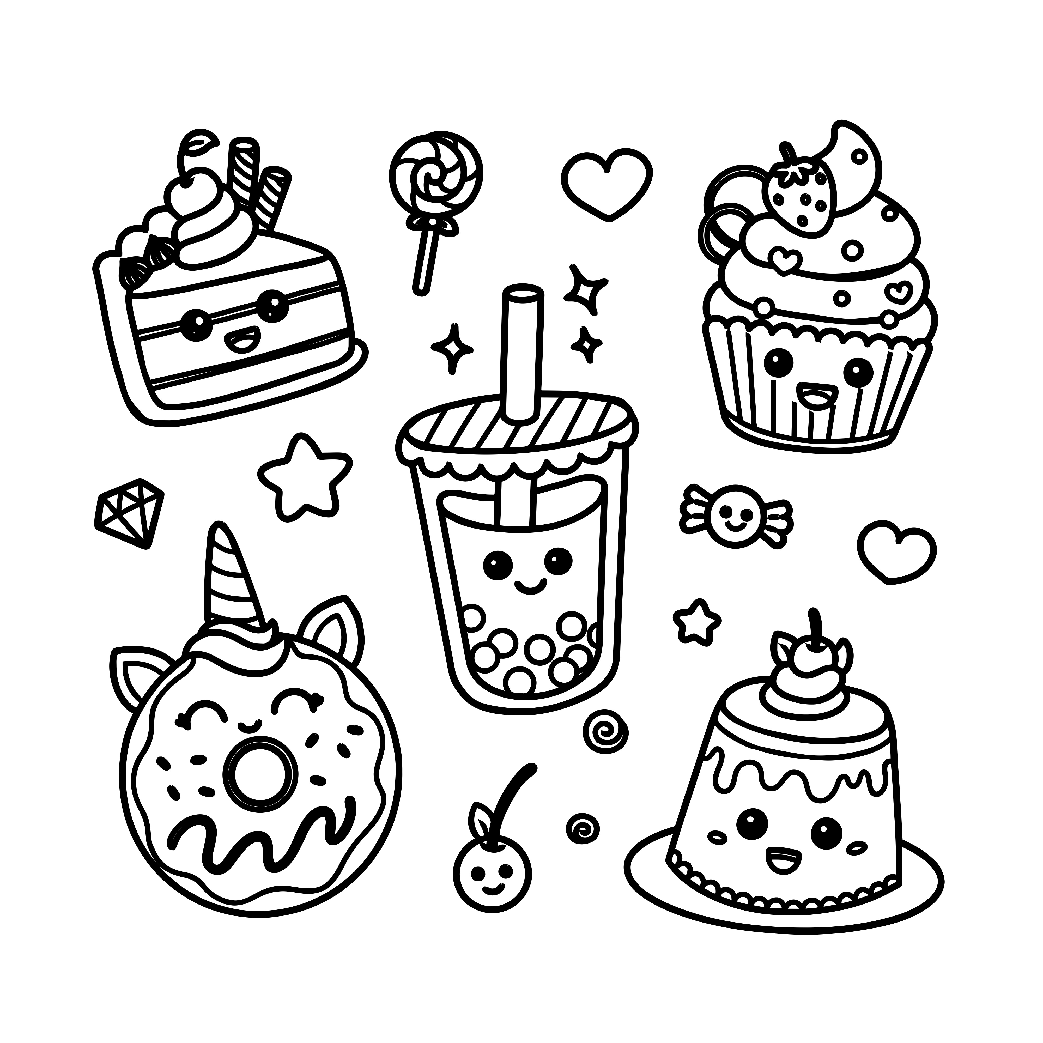 Smiling cake slice, cupcake, bubble tea, unicorn donut, and pudding with cute faces in kawaii style. kleurplaat